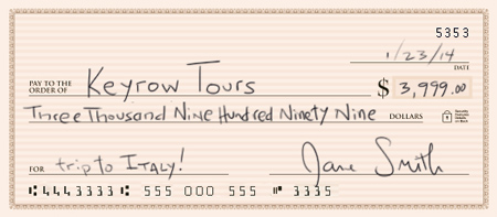 payment methods Sample Check to Keyrow Tours